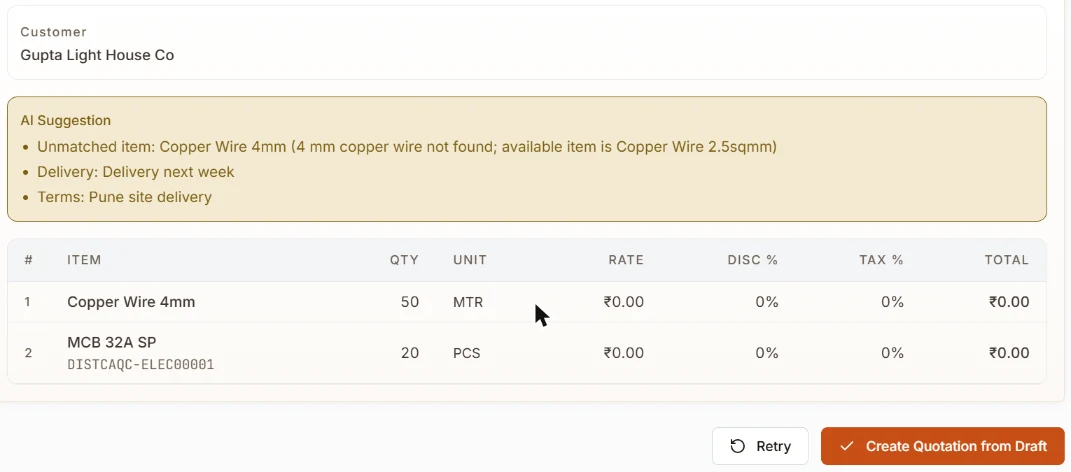 The draft waits for review: one item matched to its code, one flagged with the nearest item in stock.