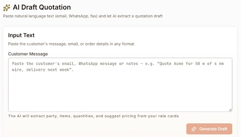 A customer message is typed, the AI extracts it and shows a draft quotation with one item matched and one flagged