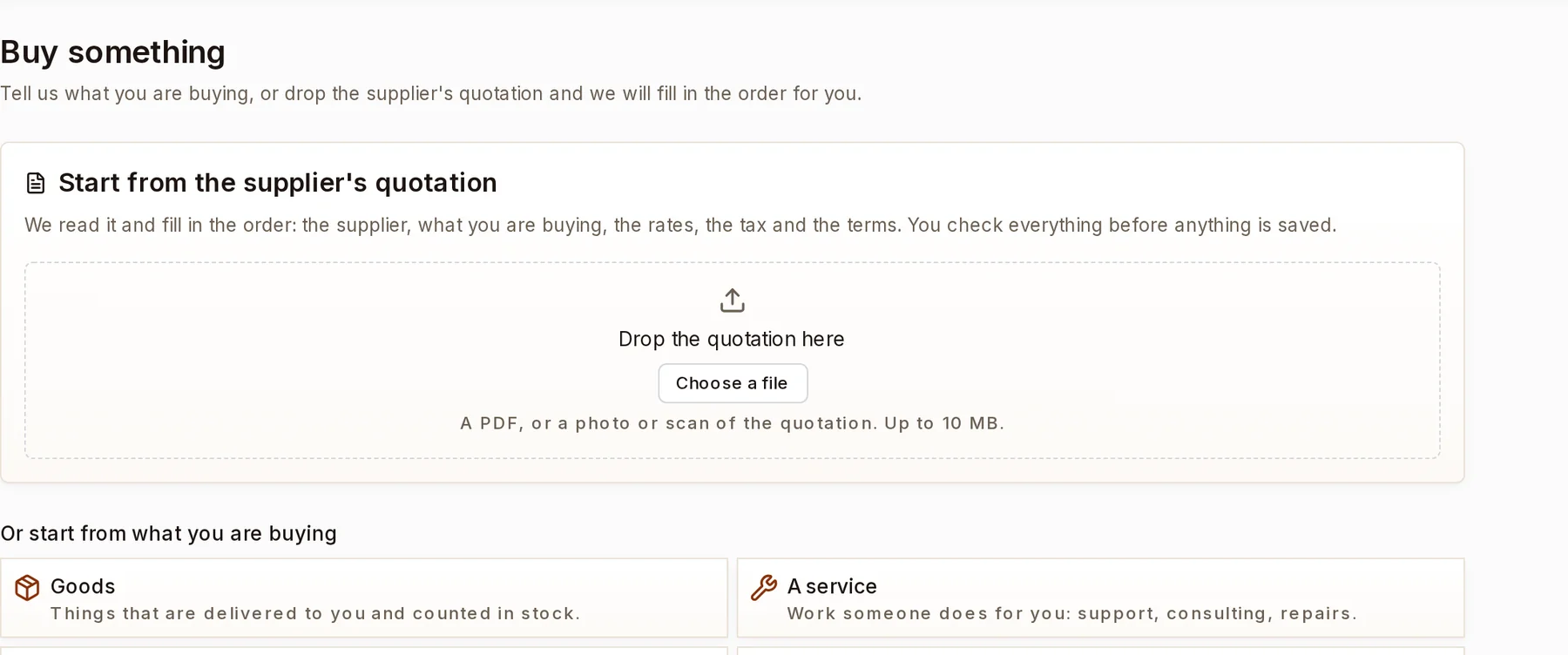 Buying: open purchase orders, bills waiting for sign-off, and a “Buy something” button.