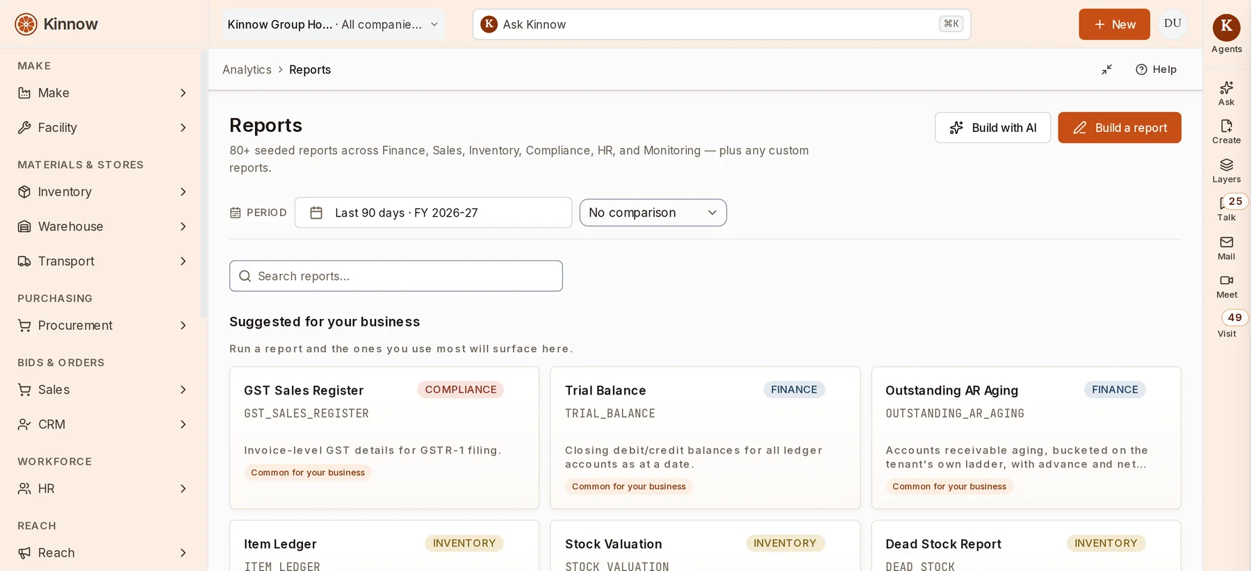 150+ ready reports across finance, sales, stock, tax and HR - or build one with AI.