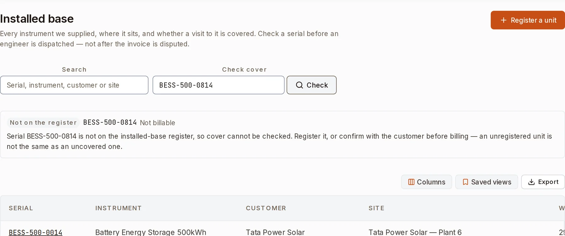 Check cover before an engineer goes out. An unknown unit is never billed by default.