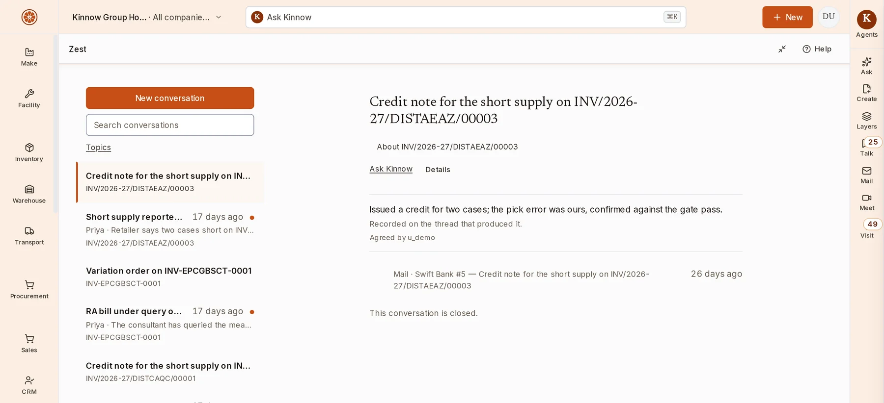 A conversation about an invoice, closed with a recorded decision.